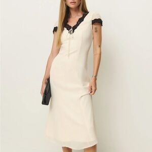 Reformation Cream Dress with Black Lace Trim